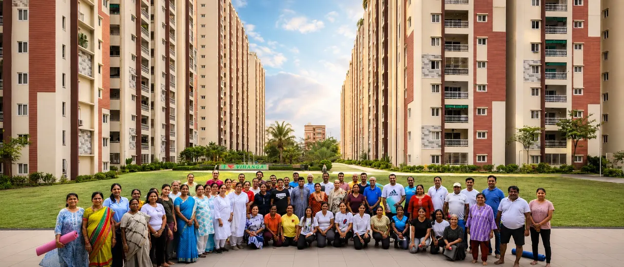 Large corporate wellness group at a Hyderabad community