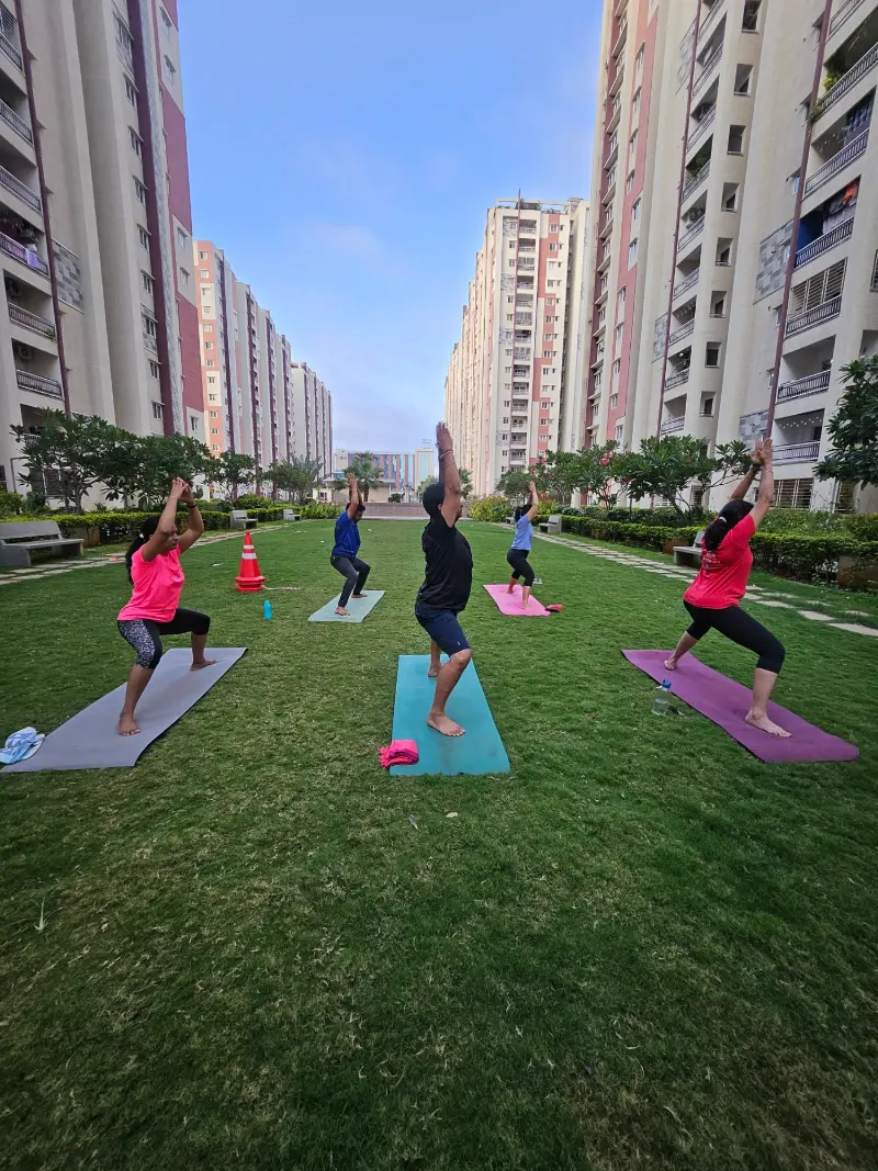 Outdoor group yoga at a residential community